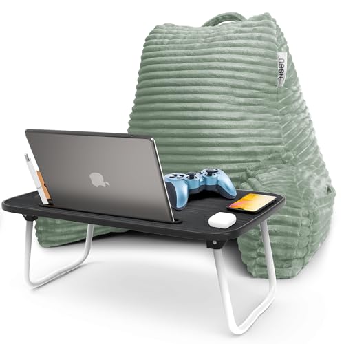 Image of Nestl Sage Green Reading Pillow with Bed Desk for Laptop and Writing, Luxe Cut Plush Back Pillow for Sitting Up, Back and Arms Adjustable Support for Adult and Teens, Foldable Lap Desk for Bed 22x14 inch