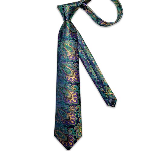 Image of DiBanGu Silk Floral Ties for Men Woven Paisley Necktie and Tie Clip Handkerchief Cufflinks Set for Party Wedding