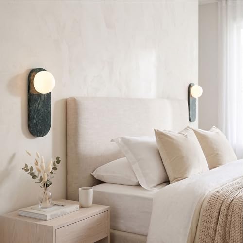 Image of Modern Green Marble Wall Sconce, Natural Stone Wall Lamp with Etched Opal Glass Shade, Mid-Century Minimalist Hardwired Wall Light for Bathroom Vanity, Bedroom, Living Room, Hallway 13.8in