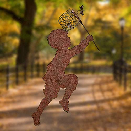 Nc Boy Girl Silhouettes Chasing Butterfly Vintage Metal Garden Silhouette Sculpture, Yard Garden Metal Stake Rustic Decor Gift For Lawn Family Friends (Boy And Girl) #TOP4