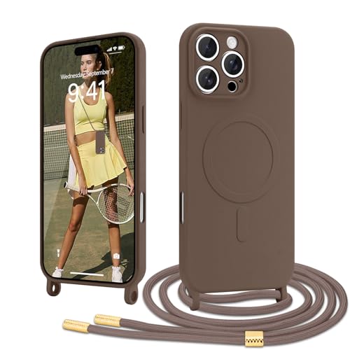 Ethanger Handyband für iPhone 16 Pro Hülle mit Band [Kompatibel mit Magsafe] Flüssig Silikon Magnetische Schutzhülle Necklace Handyhülle zum Umhängen Kordel für iPhone 16 Pro Braun