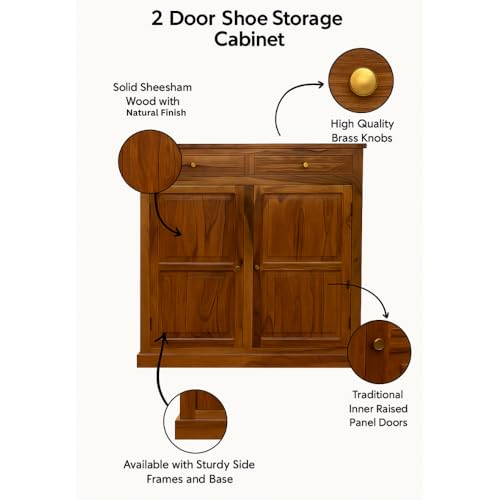 Image of Solid Sheesham Wood Shoe Cabinet with 2 Doors & 2 Drawers | Entryway Shoe Rack Storage Organizer | Natural Finish | 20 Pairs | No Assembly Required