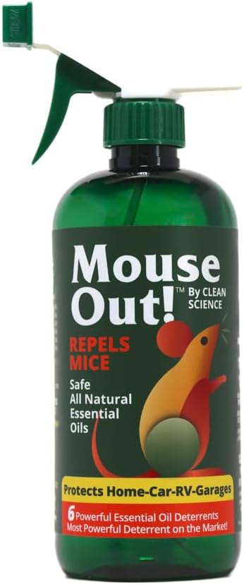 Mouse Out! All-Natural Rodent Repellent Spray – 16oz Essential Oil Formula – Protects Car Wiring & Stops Mice in Kitchens, Homes, RVs, and Garages – Safe for Pets & Kids