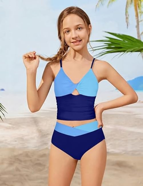 Girls Swimsuit Color Block Girls Bathing Suit Twist Tankini Set Two Piece Girl Swimwear Bikini Set for 9-16 Years