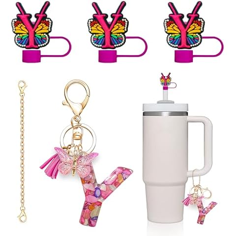 DMLNN Straw Cover for Stanley Cup, 3Pcs Butterfly Initial Letter Straw Cover with Initial letter Keychains for Women, Cute Silicone Straw Covers for Stanley Cups 30&40 Oz - RoseRed (Letter Y) Cover