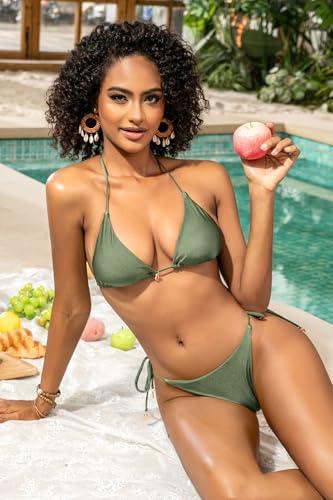 Women's Sexy Metallic Triangle Halter Thong Bikini Set, Tie Side Two Piece Swimsuit,Vibrant Bright Color Bathing Suit4