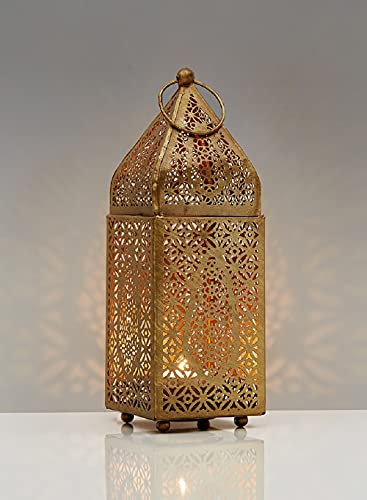 Serene Spaces Living Small Moroccan Gold Ornate Candle Lantern, Antique Gold Lantern, Decorative Candle Lantern Holders For Indian-Inspired Wedding, Eid, Ramadan, Events, 2.75" Dia & 8.5" Tall #TOP3