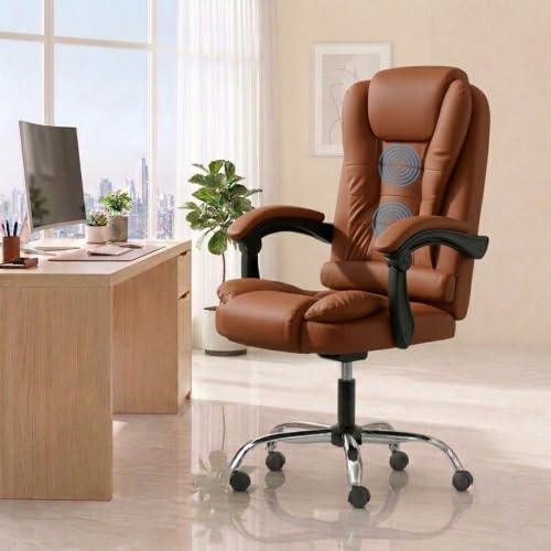 Image of NORMAN JR Italia Premium Leatherette Office Chair for Work | Boss Chair, Ergonomic Executive, Luxurious Cushioned Arms & Seat, 2 Point Back Massager, Heavy Duty Metal Base (Mud Brown)
