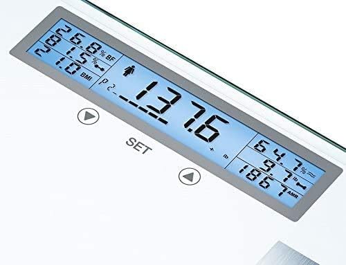 Zbliżenie wyświetlacza LCD wagi Beurer BF520 pokazującego różne wartości