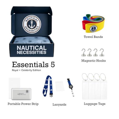 The Nautikal Cruise Essentials 5 Kit, Cruise Accessories Bundle with Magnetic Hooks, Cruise Luggage Tags, Premium Lanyards, Towel Bands & Cruise-Safe Charging Unit for Royal Caribbean & Celebrity