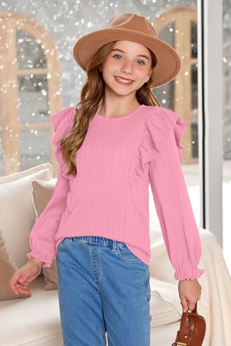 Girls Long Sleeve Ribbed Shirt Fall Flutter Sleeve Tops Trendy Casual Knit Blouses 6-14 Years4