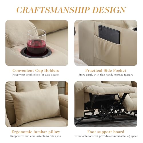 Image of Loveseat Recliner Sofa with DIY LED Lights,RV Wall Hugger Recliners for Small Spaces,Fabric Reclining Loveseat Sofa Recliner with Cup Holders /Lumbar Pillows,RV Furniture,Beige,56 inch 2-Seater with Light