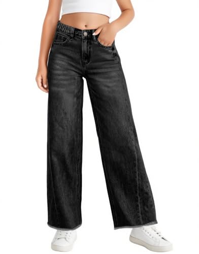 Haloumoning Girls Wide Leg Jeans Kids Elastic High Waisted Raw Hem Denim Pants with Pockets 5-14 Years