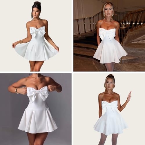 Image of JUMISEE Women's Elegant Bow Strapless Homecoming Dress A Line Swing Tube Mini Dress Short Evening Party Prom Dress