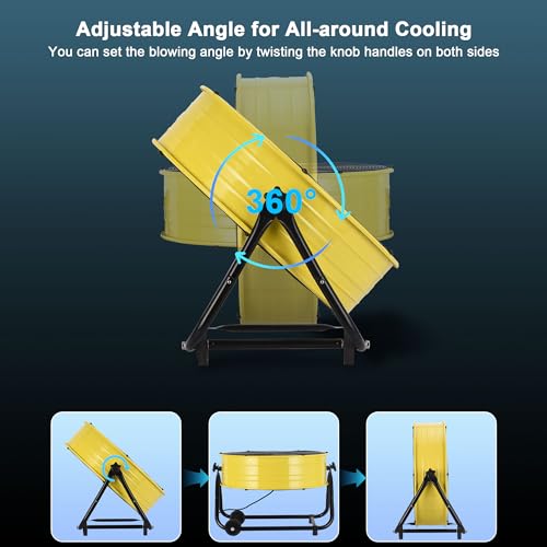 24 Inch Industrial Drum Fan, 8800 CFM High Velocity Floor Shop Fan, Heavy Duty, 3 Speeds, 360 Degree Tilt with Casters Handle, Ideal for Industrial, Commercial, Gym, Garage Use, ETL Listed