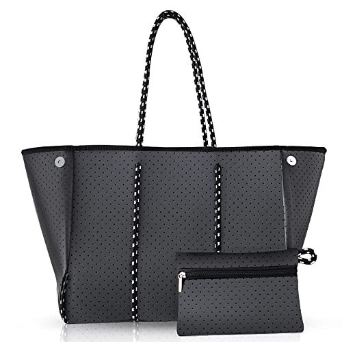 Neoprene Tote Bag, Beach Bag Waterproof Sandproof, Tote Bag for Women, Large Tote Bag with Portable Wallet for Beach, Swimming, Gym bag, Travel bag （Black)