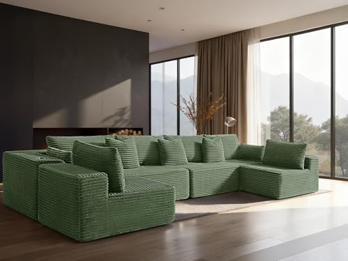 Image of 138 inch Cloud Sectional Couch, Comfort U Shaped Sofa for Living Room, Extra Deep Seats No Assembly, Minimalist Modular Couch, Corduroy (Olive Green, 6 Seats,U-Shape B)