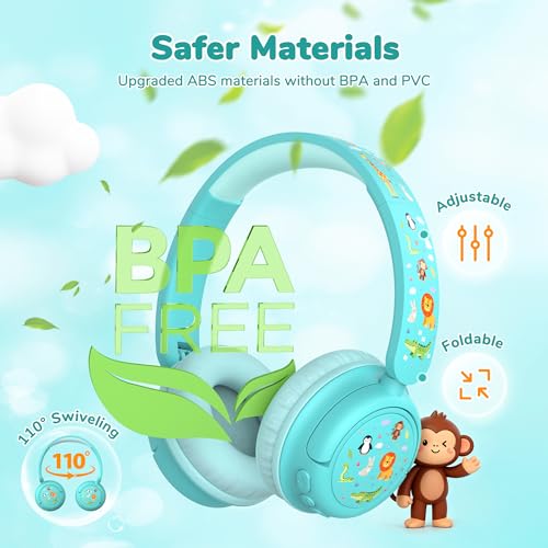 Image of iClever BTH22 Kids Bluetooth Headphones, 60H Play Time, USB C Fast Charging, Bluetooth 5.4, AUX Cord,Safe Volume 74 /85 dBA,Toddler Headphones for iPad /Tablet /Travel /School, Green