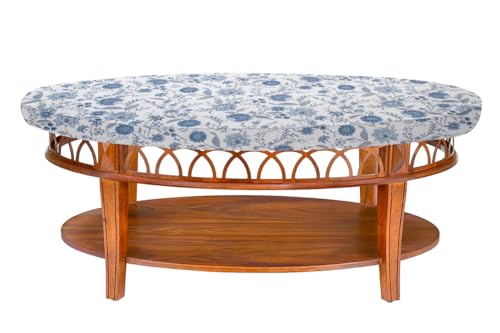 Image of The Furnishing Tree Elastic Cotton Oval Center Table Cover 16x48 in Inches Floral Blue on White Base