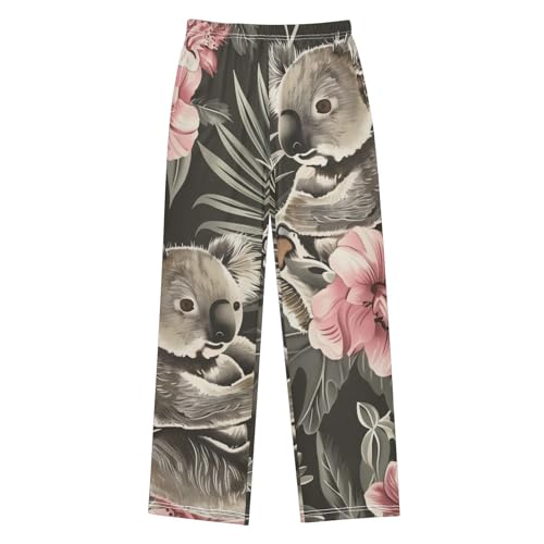 Koala Hibiscus Floral Boys Long Pants Soft Trousers Elastic Waist Kids Lounge Bottoms with Pockets S-XL
