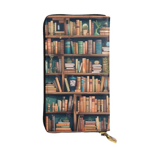Womens Wallet Leather Slim Wallet Long Card Holder Case Zip Clutch Cartoon Bookshelf Bookworm Travel Purse