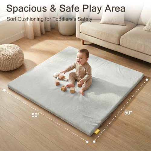 Image of 50 inch x50 inch Padded Baby Play Mat for Floor, 1.2 inch Thick Foam Baby Playpen Mat, Cushioned Tummy Time Mat with Non-Slip Bottom, Removable & Machine Washable Cover, Fits 50 inch x50 inch Playpens