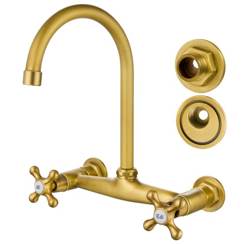 Airuida Antique Brass Wall Mount Kitchen Sink Faucet, Wall Mounted 8 Inches Center Faucet, Wall Mounted Commercial Kitchen Faucet, 360 Degree Swivel Spout Mixer Commercial Tap with Female Thread
