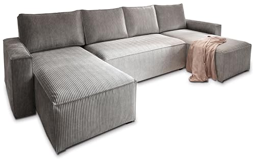 Masseno Ecksofa ASPRA mit Schlaffunktion U-Form, Sofa mit Bettkasten, Wohnzimmersofa, Couch, Soffa, Bettsofa, Couchgarnitur- Hellgrau, POSO 55