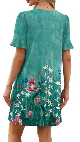 Image of OFEEFAN Summer Dresses for Women Ruffle Short Sleeve V Neck Casual Shift Dress with Pockets