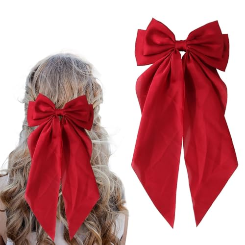 Bow Hair Clip Red Hair Bows for Women Long Ribbon Red Bows for Hairs with Clip Soft Silky Wide Satin RedHair Bow Women and Girls Daily Dressing Performance Ball Date Wedding Party