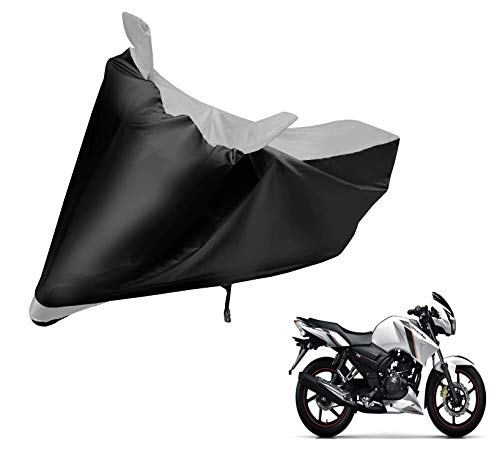 Image of Auto Hub Bike Cover Compatible with TVS Apache RTR 160 with Mirror Pocket, Dustproof, Heat Resistant, Triple Stitched, Apache 160 Bike Cover- Black, Silver