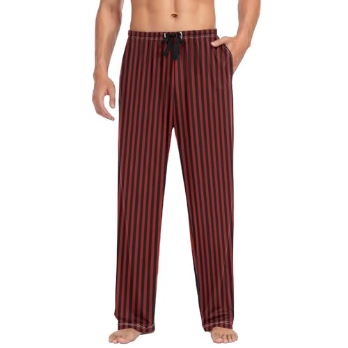 Lounge Pajama Pants for Men Red Black Stripes Men's Sleep Bottoms Pants with Drawstring, S3