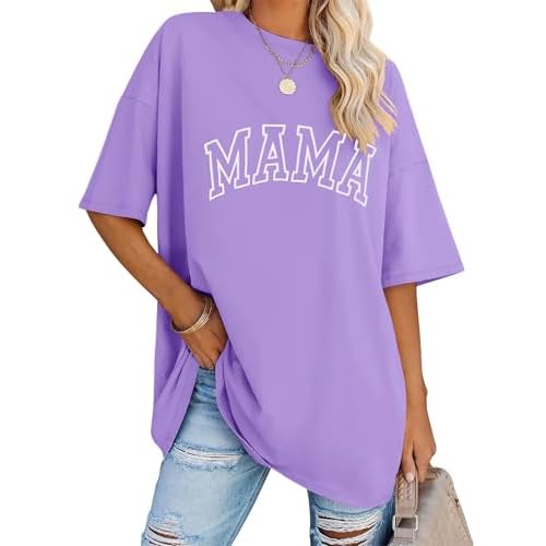 LOMON Oversized T Shirts for Women Short Sleeve Crewneck Summer Tops Loose Casual Mama Shirts Basic Tee Small W-light Purple Mama