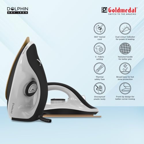 Image of Goldmedal Dolphin 1100W Dry Iron| Non-stick Weilburger Premium Coated Soleplate | iron for clothes | 5 Fabric Setting| Broad Base for Hot zone Protection | Shock-Proof Body (Cool Grey- Black)