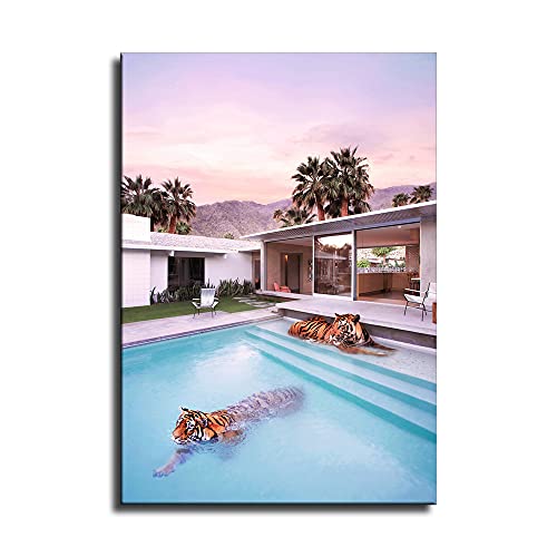Animal Tigers And Swimming Pool Poster Wall Art Canvas Painting Travel Posters And Prints Cuadros Animal Wall Pictures For Living Room (Unframed,24X36 Inch) #TOP10