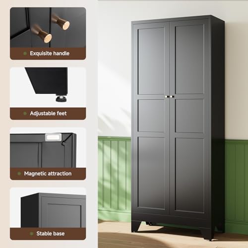 Image of Letaya 75 inch H Metal Storage Cabinet with 2 Doors and 4 Shelves,Tall Kitchen Pantry Cabinets,Farmhouse Utility Pantry Organizers for Cupboard /Dining /Bathroom /Home Office /Garage Room,Black