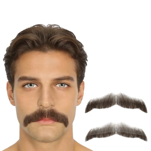 Realistic Human Hair Fake Beard and Mustache for Men Hand Tied Invisible Lace Facial Hair for Cosplay Costume Party (Dark Brown)