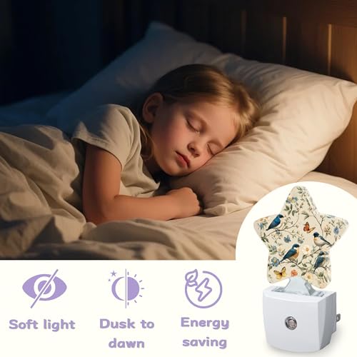Image of Birds Butterfly Decorative Nightlight Plug in Wall,Watercolor Floral Star Shaped Night Light with Built in Sensor for Home Decor,Kitchen Hallway Stairs Desk Lamp