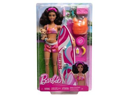 Coffret Sport pour Barbie Surf - Poupee Mannequin surfeuse, Chiot, Planche - Plage, Ocean - Set Jouet Fille 3 Ans et Carte