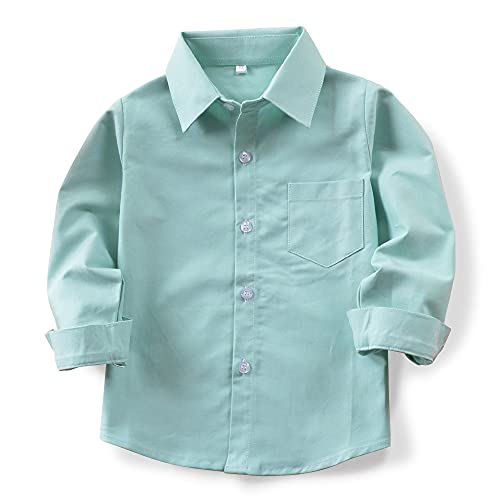 Image of Aeslech Boys School Shirts Oxford Long Sleeve Button Down Casual Dress Tops Kids Green 130CM Size 5-6 Years
