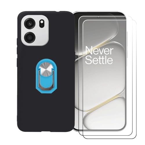 GYDQQKJ Funda para OnePlus Turbo 6V (6.78') + [2X Protector de Pantalla Protectora Vidrio Cristal Film Templado], Negro Suave TPU Silicona Cover Carcasa Caso Case (Azul Anillo Soporte)