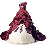 Vantexi Damen Lange Formales Gotisch Brautkleider Spitzenkleid Vintage Hochzeitskleider Elfenbein & Burgund Größe 56