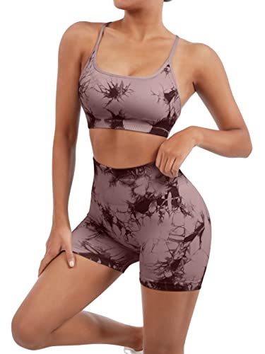 Image of SUUKSESS Women Seamless Workout Sets Strappy Sports Bra High Waist Booty Shorts Outfits