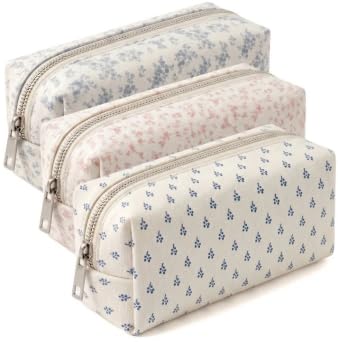 Zilaro 3pcs Pencil Case for Girls, Large Capacity Pencil Cases Flowers, Cute Pencil Pouch, Personalised Big Oencil Cases, Fabric Pencilcase Essentials School Supplies Stationery Organizer (Blue+Pink)