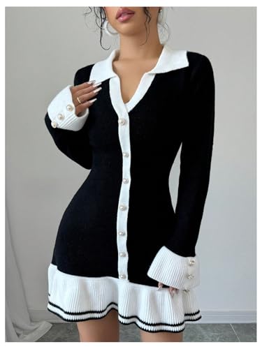 SOLY HUX Women's Sweater Dress Color Block Collar V Neck Long Sleeve Ruffle Hem Bodycon Knit Mini Dresses3