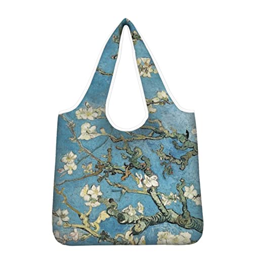 Kuiaobaty Einkaufstasche, wiederverwendbar, faltbar, in einer Tasche, große Familien-Einkaufstasche, Handtasche für Reisen, Van Gogh Art Mandelblüte, Large
