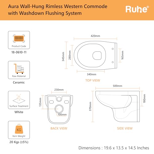 Image of Ruhe Aura Wall-Hung Rimless Western Commode with Washdown Flushing System | P-Trap | 19.6 x 13.5 x 14.5 inches | Ceramic White Glossy Finish, Space-Saving Design | Includes Soft-Close Seat Cover