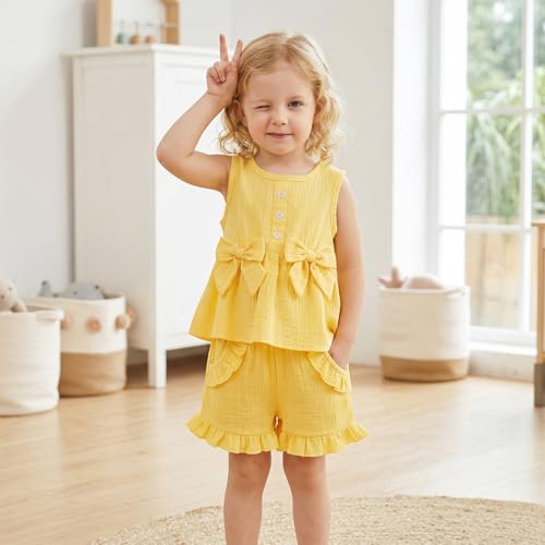 Image of Toddler Girl Clothes Sleeveless Top Shorts 2Pc Summer Outfit 12M-5T | 100% Cotton, Soft breathable, Double crepe fabric, Adorable bow ruffle pocket design, Perfect for daily wear, birthday, party