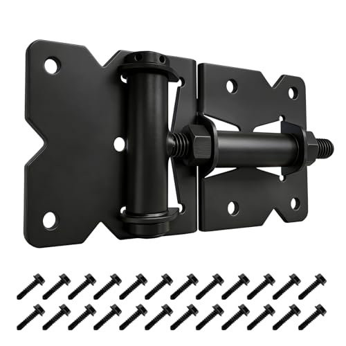 Heavy Duty Self-Closing Gate Hinges for Vinyl & Wooden Fence Gates, 90° Adjustable Hinges Kit with Swing Adjuster Tool and Self-Tapping Screws, Non-Weld Black Finish, 2-Pack