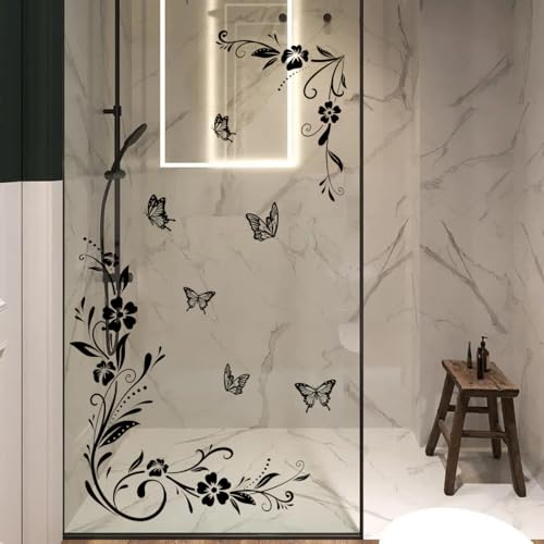 Runtoo Adesivi da parete con fiori rampicanti neri floreali anti-collisione decalcomanie farfalla vetro porta decorazione da parete per bagno, soggiorno, camera da letto, asilo nido decorazione